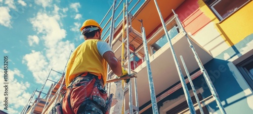 Construction Worker on Scaffolding, Painting a Building Exterior photo