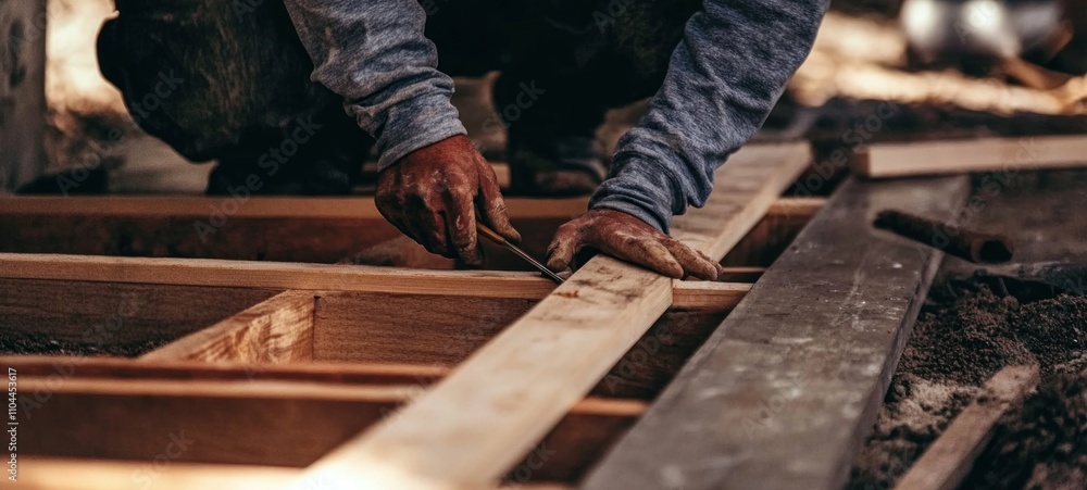 Construction Worker Assembling Wooden Frame Construction Worker Assembling Wooden Frame