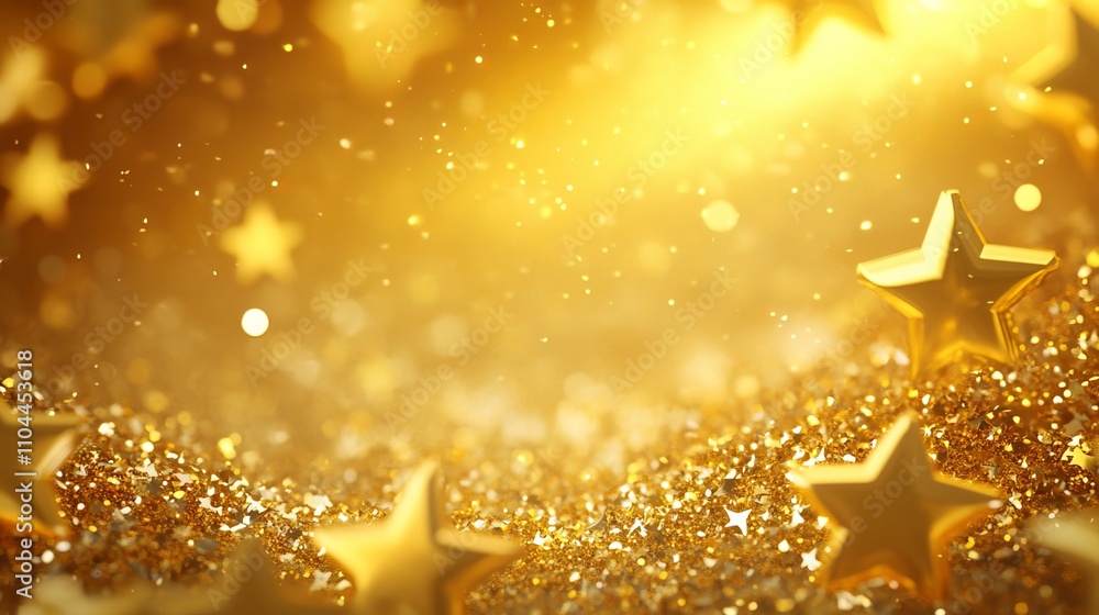Fototapeta premium Golden Christmas tree stars shimmer against an abstract golden background, creating a festive holiday atmosphere. This vector illustration evokes the joy and anticipation of the New Year. 