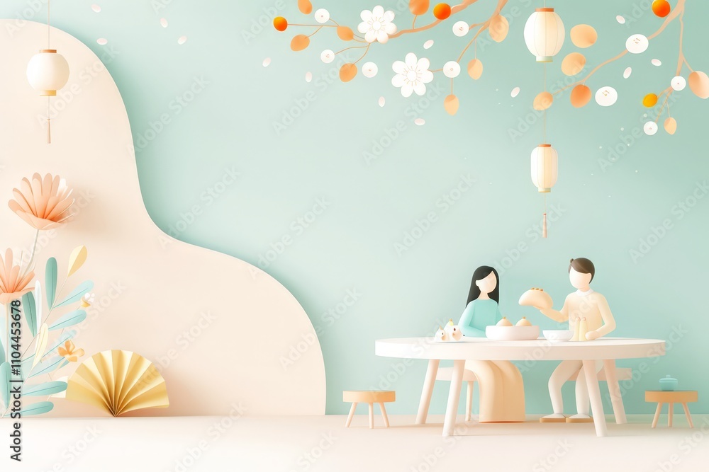 A serene dining setup featuring a couple in a pastel interior with festive lanterns and floral elements, celebrating a moment of peace and joy. A serene dining setup featuring a couple in a pastel interior with festive lanterns and floral elements, celebrating a moment of peace and joy.