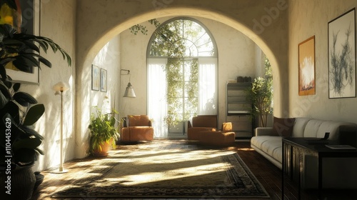 Wallpaper Mural Scandinavian living room with natural light, vintage window, and an archway leading to a bright hallway.  Torontodigital.ca