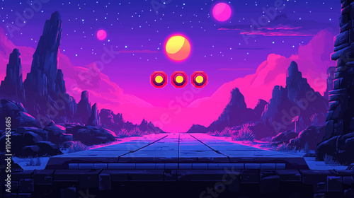 Pixel art landscape battle arena. Game background with vintage animation scene for 8 bit arcade games. Retro pixelated playing view. Vector illustration environment for video game banner promotion.