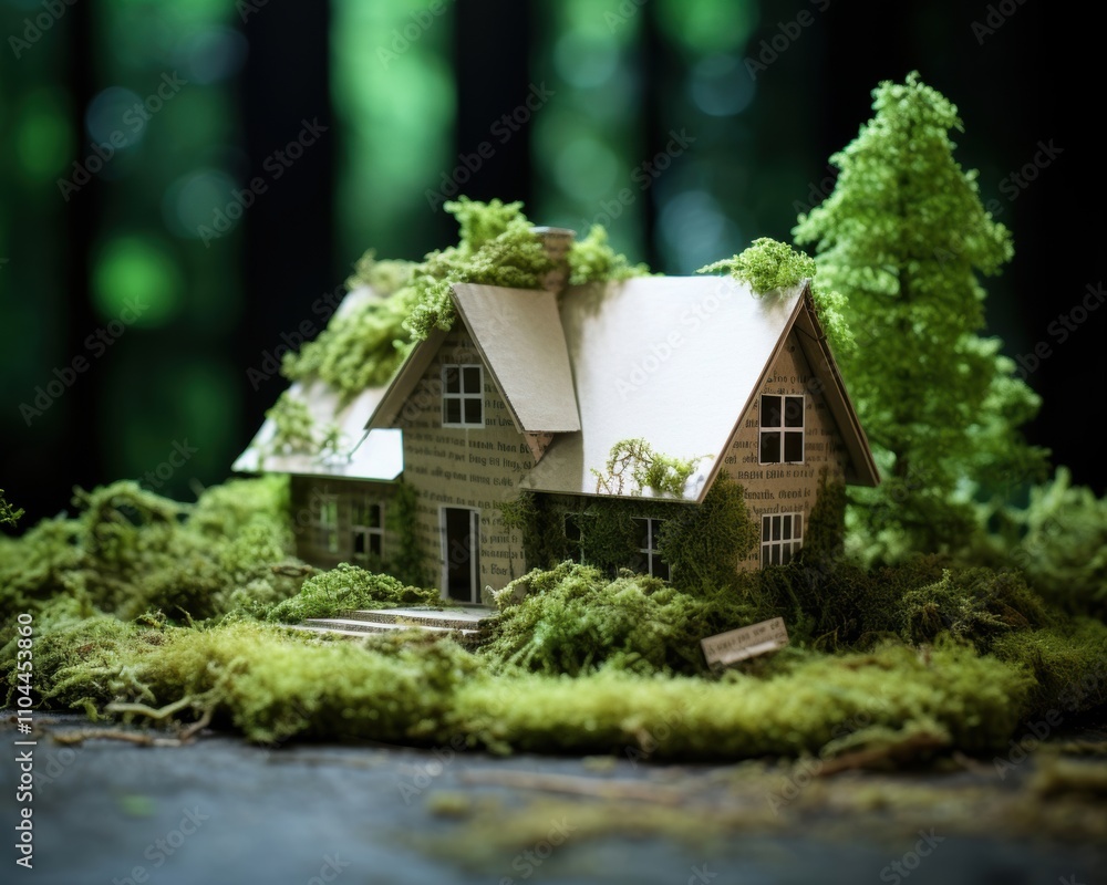 A whimsical miniature house covered in moss and greenery, blending into a tranquil forest setting. A whimsical miniature house covered in moss and greenery, blending into a tranquil forest setting.