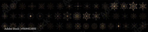 New Year and Christmas set. Elegant snowflakes vector icons. Golden snowflakes on black background. Winter snowflake line icons. 2025 year.