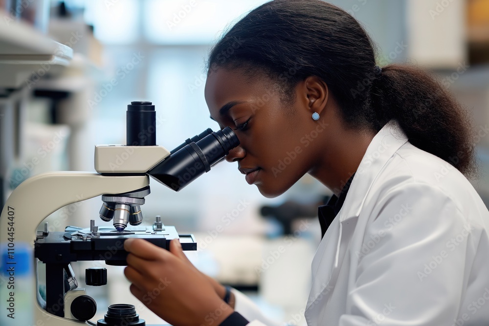 Black female scientist focuses on microscope. She examines sample intensely. Laboratory setting is clean and modern. Focus on research and discovery. Scientific research in progress. Black female scientist focuses on microscope. She examines sample intensely. Laboratory setting is clean and modern. Focus on research and discovery. Scientific research in progress.