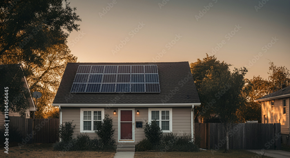 Modest real estate home with solar power panels roof Modest real estate home with solar power panels roof