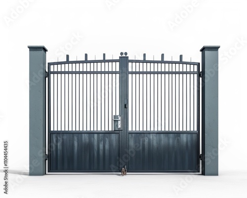 A modern, sturdy black metal gate with vertical bars, framed by grey stone pillars, secured with a lock. photo