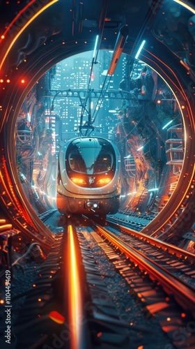 A high speed futuristic train zooms through a neon lit technologically advanced tunnel in a dystopian cyberpunk inspired city of the future photo