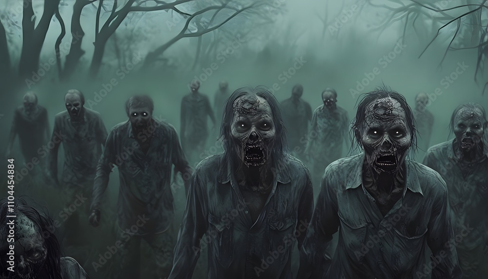 A Horde of Zombies Wandering Through a Foggy Countryside A Horde of Zombies Wandering Through a Foggy Countryside