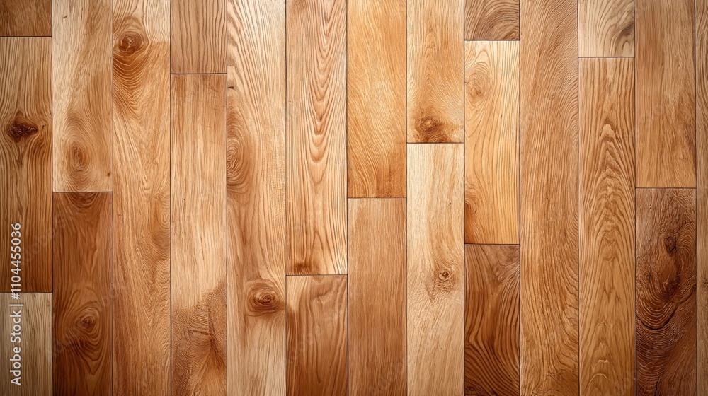 Fototapeta premium Natural hardwood flooring with rich grain patterns and a variety of warm, earthy tones of brown. The texture displays knots and unique wood grain, providing a rustic and traditional appearance.