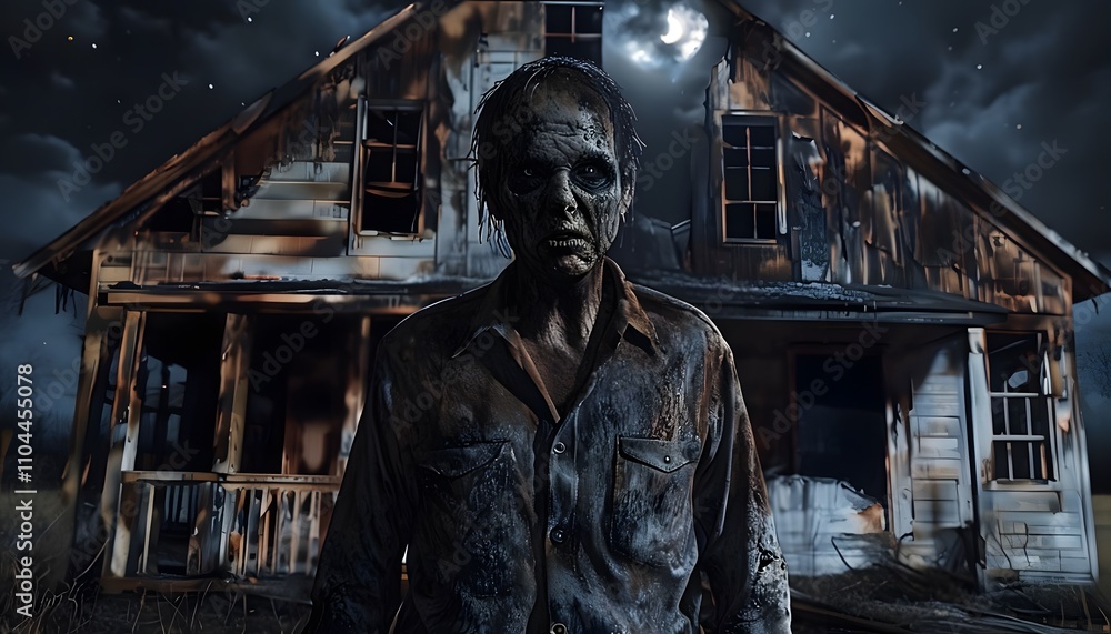 Zombie in the Ruins: Nightfall at the Burned-Down Farmhouse Zombie in the Ruins: Nightfall at the Burned-Down Farmhouse