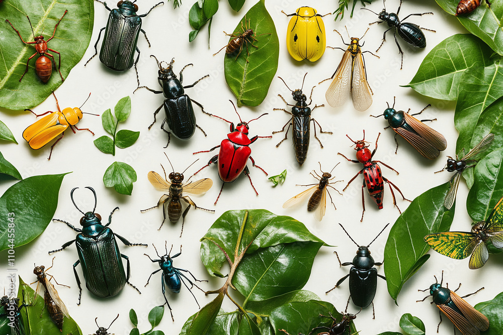 Seamless repetitive pattern of tropical insects like beetles, dragonflies, and ants, crawling over jungle leaves and vines. Seamless repetitive pattern of tropical insects like beetles, dragonflies, and ants, crawling over jungle leaves and vines.