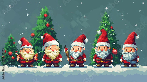 Set of pixel art 8 bit for merry christmas and red cute gnomes collection vector illustration.