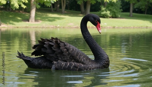 Black swan gracefully glides on lake