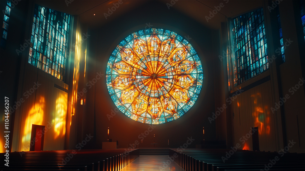 Obraz premium 祈りの中で輝く教会のステンドグラス