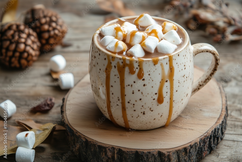 Mug with hot chocolate with marshmallows and dripping caramel, on a cozy wooden table Mug with hot chocolate with marshmallows and dripping caramel, on a cozy wooden table