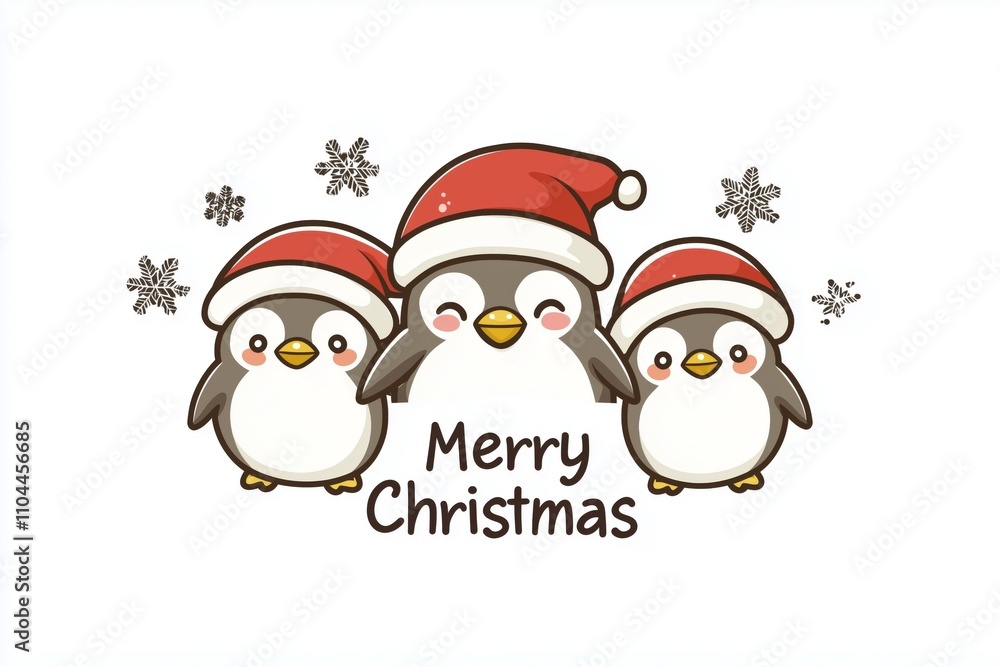Three festive penguins wearing Santa hats celebrate the holiday season with a cheerful greeting Three festive penguins wearing Santa hats celebrate the holiday season with a cheerful greeting