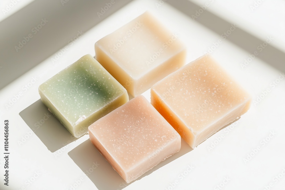 three rectangular soaps in muted earth tones, casting long shadows on a white surface. three rectangular soaps in muted earth tones, casting long shadows on a white surface.