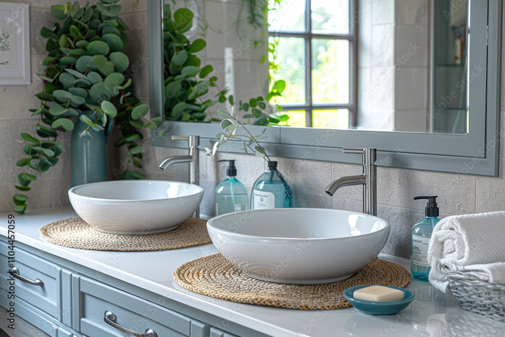 Stylish mirror, eucalyptus branches and vessel sink in modern bathroom. Interior design,. Stylish mirror, eucalyptus branches and vessel sink in modern bathroom. Interior design,.