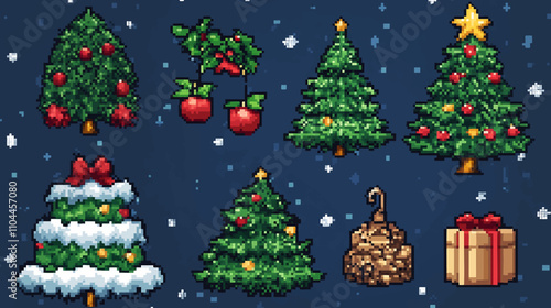Pixel art Christmas elements clip art pack. 8 bit vintage video game style decorations set like christmas tree, socks, candy cane, gift, christmas wreath, snow globe. Vector cute stuff illustration
