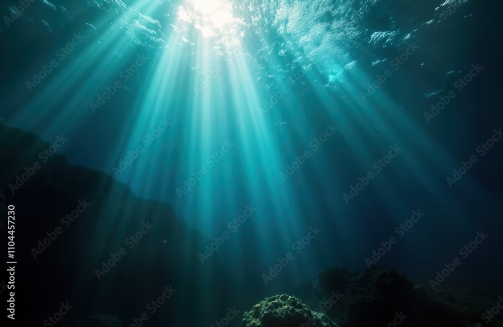 Fototapeta premium Mysterious underwater seascape. Sunlight beams pierce dark deep sea. Sunlight penetrates dark ocean depths creating mysterious ambiance. Rocks, submerged formations. Ocean scene. Photo conveys