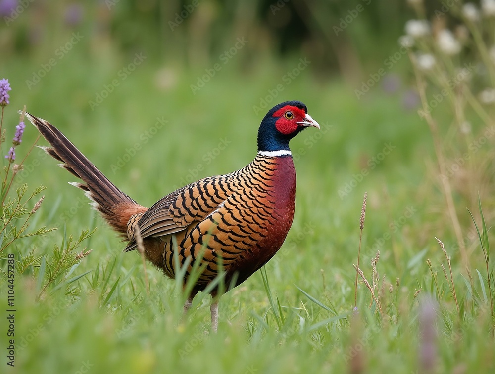 A ring-necked pheasant, its vibrant plumage a striking contrast to the verdant meadow. A ring-necked pheasant, its vibrant plumage a striking contrast to the verdant meadow.