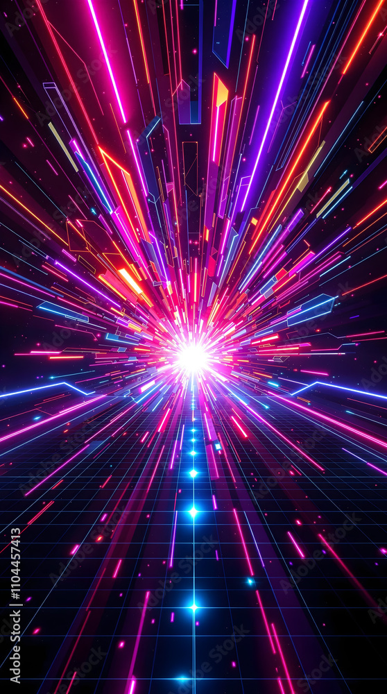 Naklejka premium A kaleidoscopic explosion of neon-lit, geometric shards bursts forth from a central axis, radiating vibrant energy across a darkened grid in futuristic style