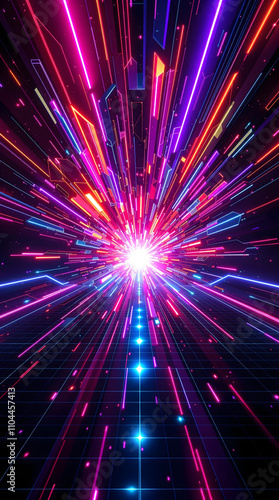 A kaleidoscopic explosion of neon-lit, geometric shards bursts forth from a central axis, radiating vibrant energy across a darkened grid in futuristic style