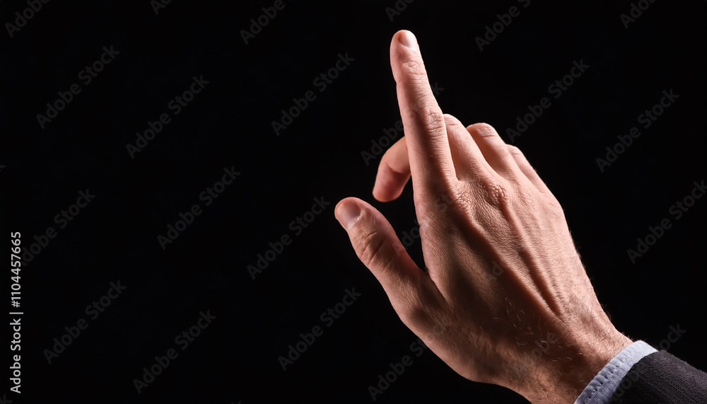 Pointing, right hand, index finger, male, suit, pointing up, 1, extending, black background, close-up Pointing, right hand, index finger, male, suit, pointing up, 1, extending, black background, close-up