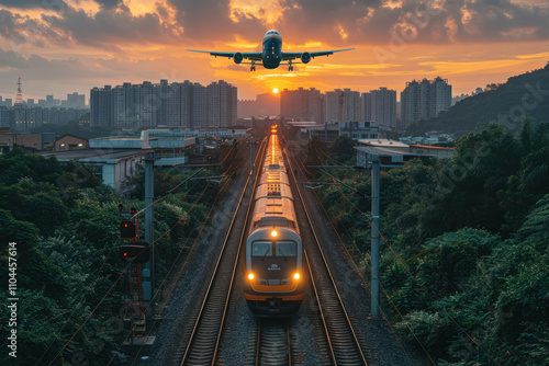 high-speed train and a plane flying above it,.     