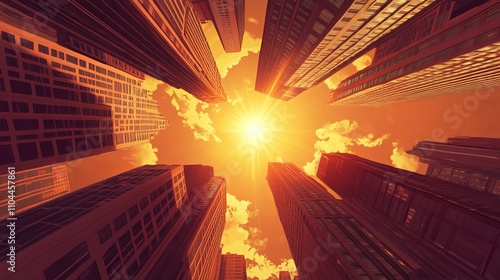 This upward-facing image captures the soaring ambition of modern skyscrapers. The radiant sky symbolizes the endless possibilities for growth and achievement within a city's skyline.
