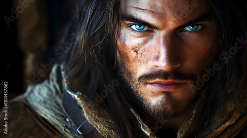 Intense Portrait of a Rugged Blue-Eyed Man with Scars and Long Hair in Dramatic Lighting