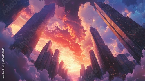 This upward-facing image captures the soaring ambition of modern skyscrapers. The radiant sky symbolizes the endless possibilities for growth and achievement within a city's skyline.