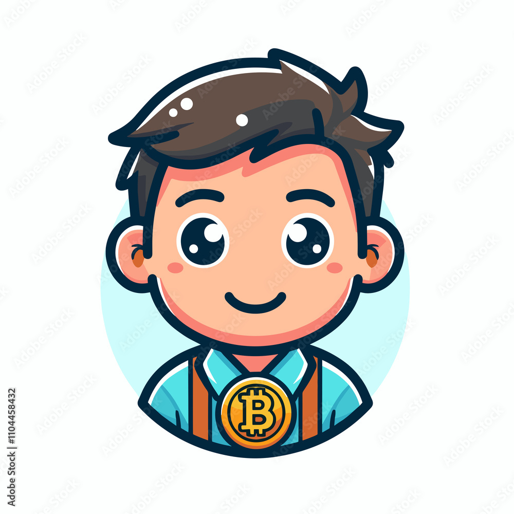 Smiling boy wearing bitcoin medal in blue shirt with simple background for cryptocurrency concept Smiling boy wearing bitcoin medal in blue shirt with simple background for cryptocurrency concept