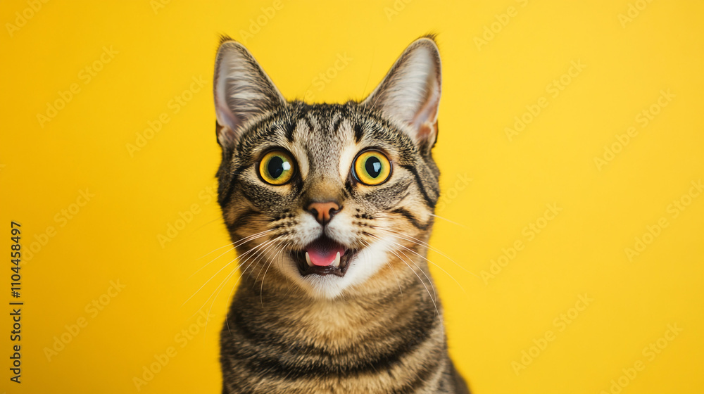 Obraz premium Amazed Tabby Cat on Yellow Background Pet Animal Feline Cute Funny Adorable Portrai
