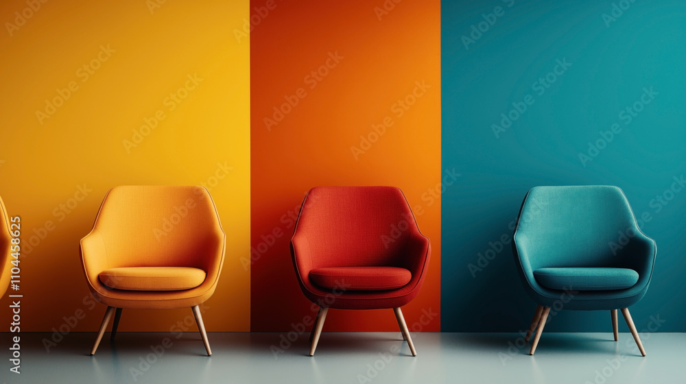 Three modern armchairs in different colors against a vibrant background with sections of yellow, orange, and teal, showcasing a minimalist and colorful interior design concept. Three modern armchairs in different colors against a vibrant background with sections of yellow, orange, and teal, showcasing a minimalist and colorful interior design concept.
