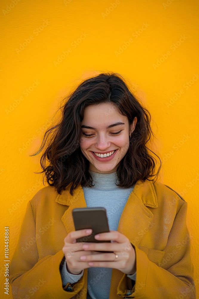 Stylized portrait of a young woman laughing while holding her phone, immersed in a bright yellow setting Stylized portrait of a young woman laughing while holding her phone, immersed in a bright yellow setting