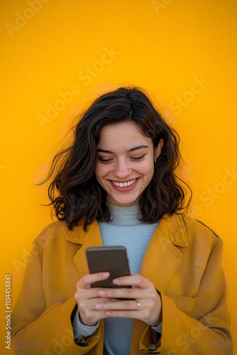 Stylized portrait of a young woman laughing while holding her phone, immersed in a bright yellow setting