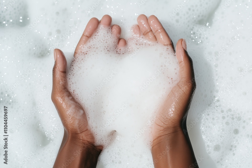 Fototapeta premium two hands lathered with white foamy suds in motion, creating a tactile and cleansing aesthetic
