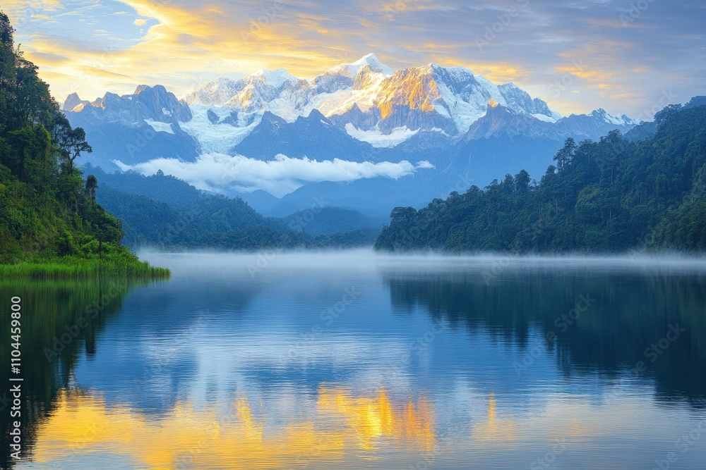 A serene mountain landscape with snow-capped peaks reflected in a tranquil lake surrounded by lush green forests and a soft mist. A serene mountain landscape with snow-capped peaks reflected in a tranquil lake surrounded by lush green forests and a soft mist.