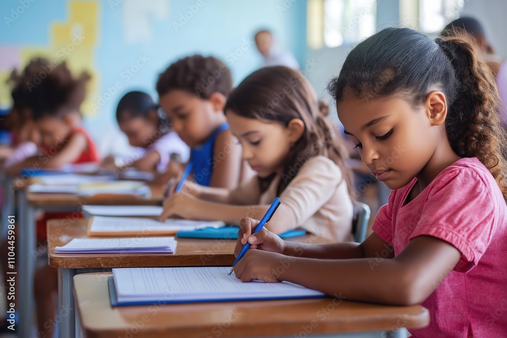 Diverse kids study in classroom. Focused on writing at desks. Education concept. Inclusivity theme. School setting. Learning environment. Classroom activity. Children concentrated. Study session. Diverse kids study in classroom. Focused on writing at desks. Education concept. Inclusivity theme. School setting. Learning environment. Classroom activity. Children concentrated. Study session.