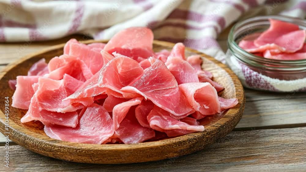 Freshly sliced cured meat arranged artistically on a wooden plate with a small jar of seasoning nearby Freshly sliced cured meat arranged artistically on a wooden plate with a small jar of seasoning nearby