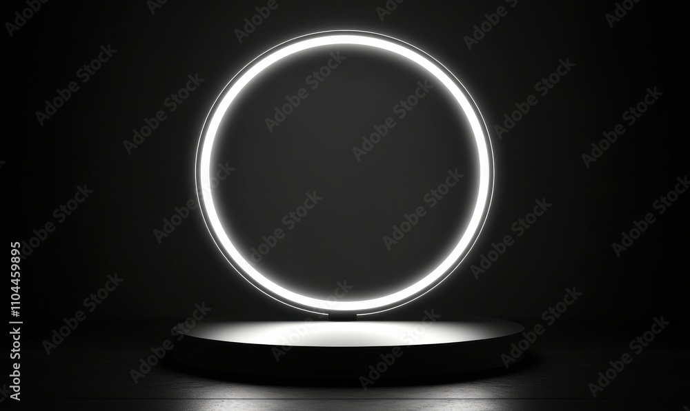 Minimalist black background with glowing white circle and platform Minimalist black background with glowing white circle and platform