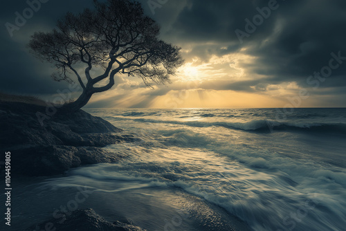 Lonely tree standing on a rocky shore under dramatic clouds and golden sunlight