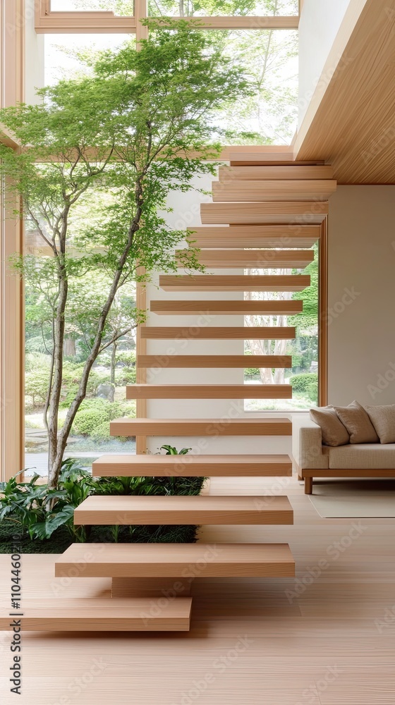 Fototapeta premium Wooden staircase adorned with soft cushions and plants, complemented by open space and natural light enhances simple elegance