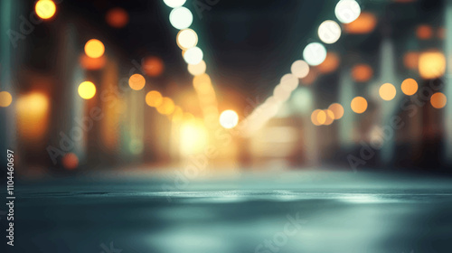 Blurred view of street with lights at winter rainy night. Bokeh lights background sunrise or sunset. Abstract artistic photography.