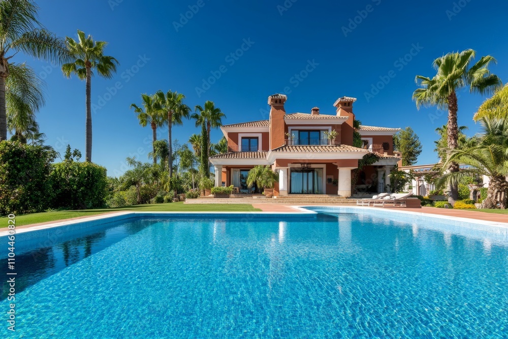A spacious villa set in a vibrant landscape features a large, inviting pool surrounded by tall palms, capturing a sense of leisure and luxurious relaxation. A spacious villa set in a vibrant landscape features a large, inviting pool surrounded by tall palms, capturing a sense of leisure and luxurious relaxation.