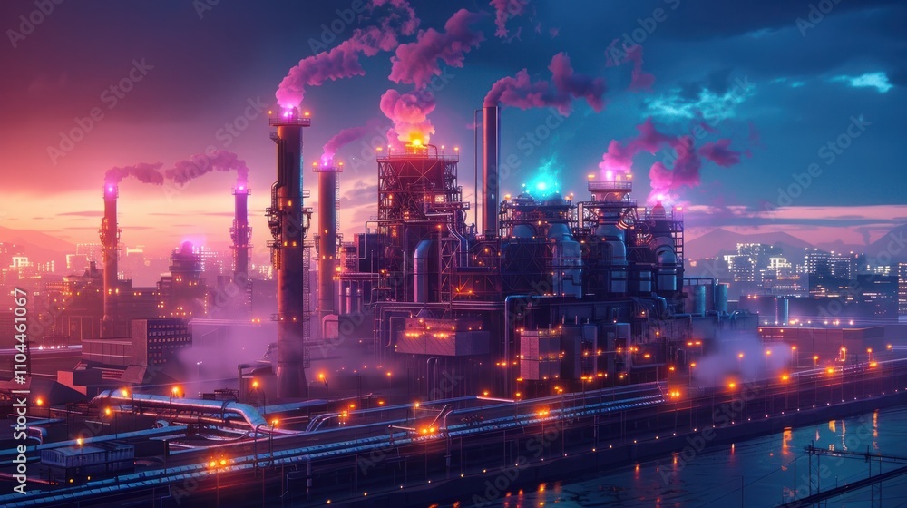 Dramatic aerial view of a futuristic cityscape with a large industrial power plant or factory emitting clouds of steam and smoke under a colorfully lit night sky Dramatic aerial view of a futuristic cityscape with a large industrial power plant or factory emitting clouds of steam and smoke under a colorfully lit night sky