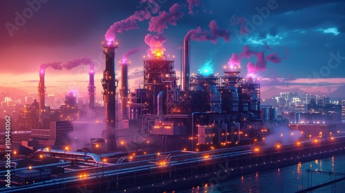 Wallpaper Mural Dramatic aerial view of a futuristic cityscape with a large industrial power plant or factory emitting clouds of steam and smoke under a colorfully lit night sky Torontodigital.ca