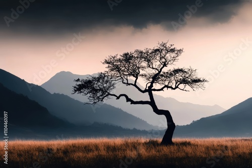 a lone tree in an empty field, branches outstretched, symbolizing solitude, yearning, and the vast unknown photo